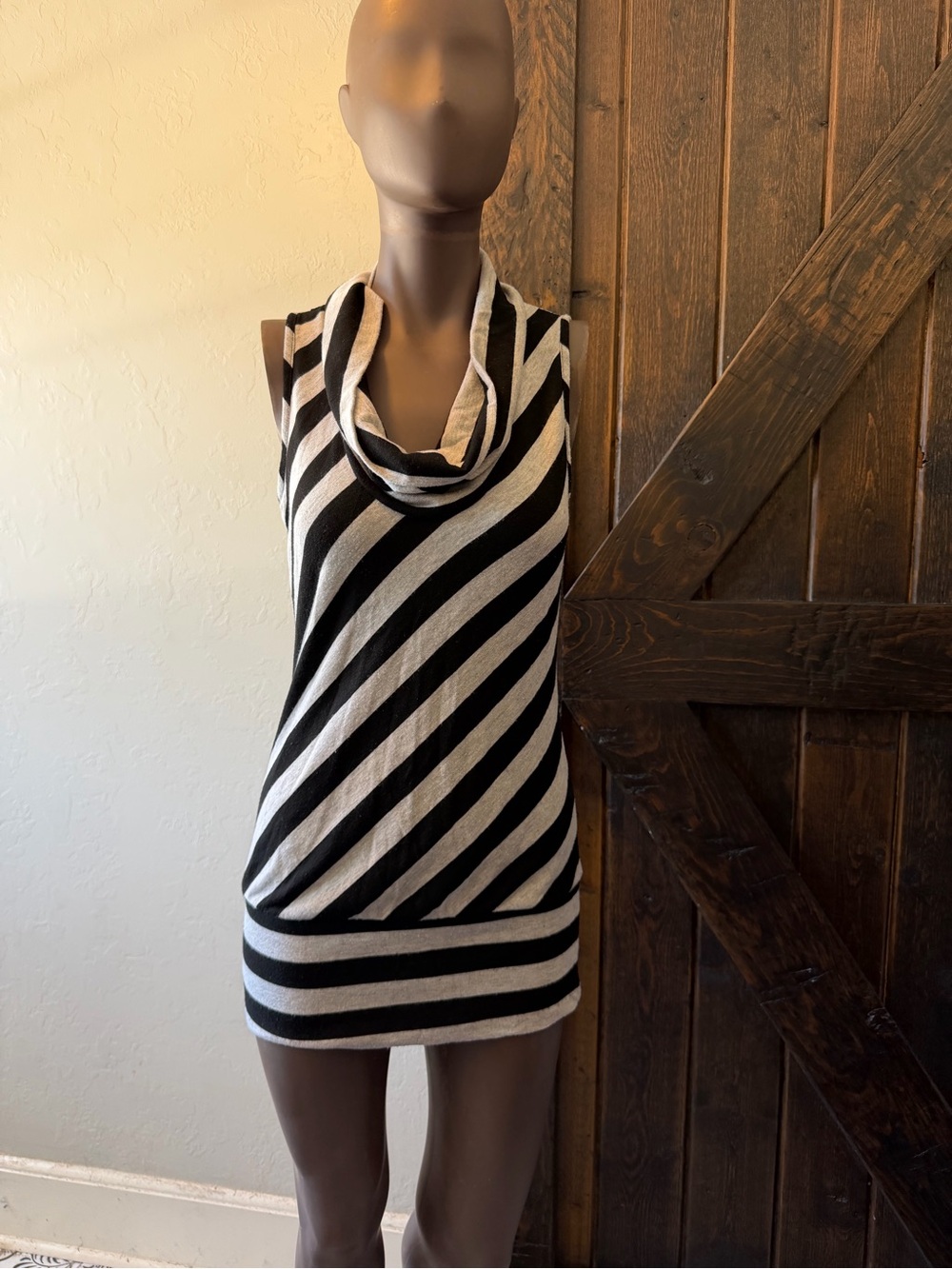Y2K Cowl Neck Striped Tunic Top Indie Sleaze Stretch Knit Black Gray Medium